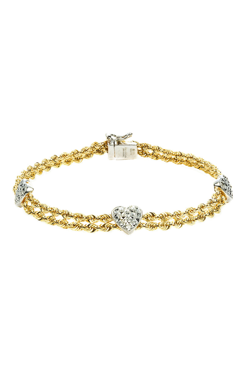 9ct Yellow Gold & Sterling Silver Bonded Double Rope & Hearts Bracelet