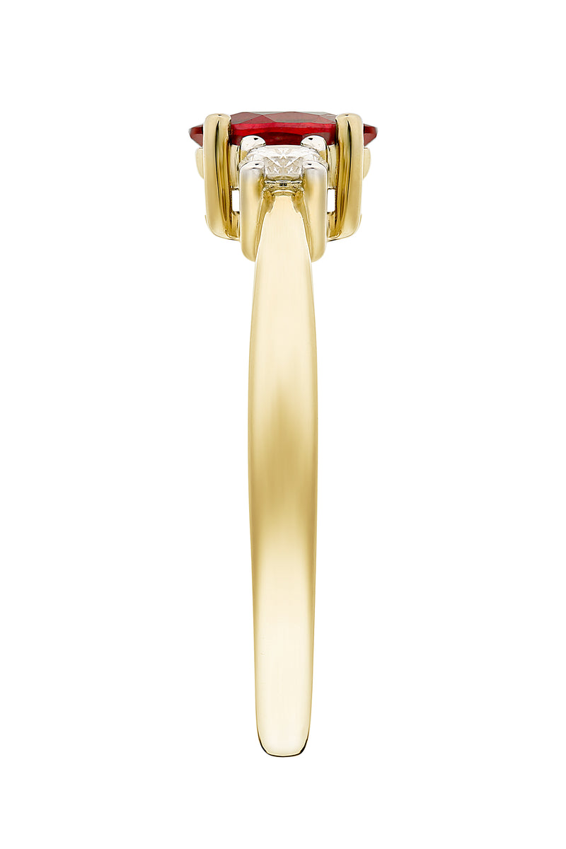 9ct Yellow Gold 6x4 Oval Treated Ruby and 0.10ct Diamond Three Stone Ring