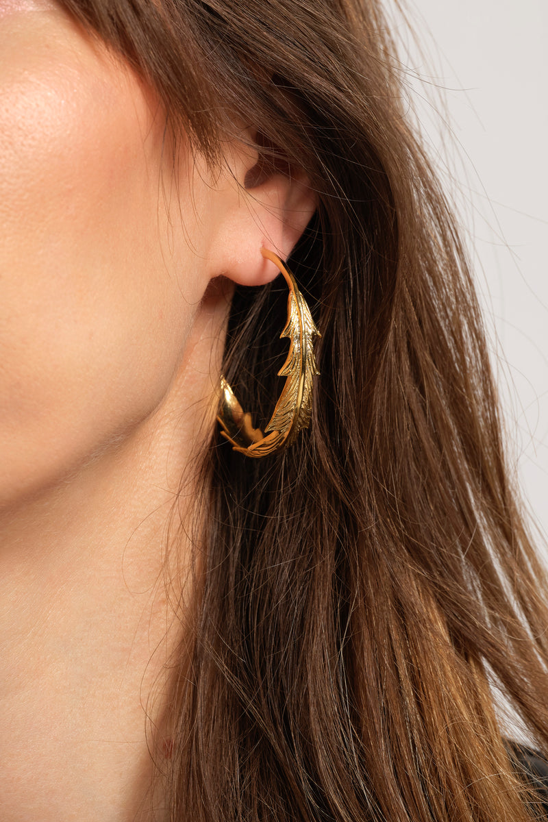 Gold Tone Leaf Open Hoop Earrings