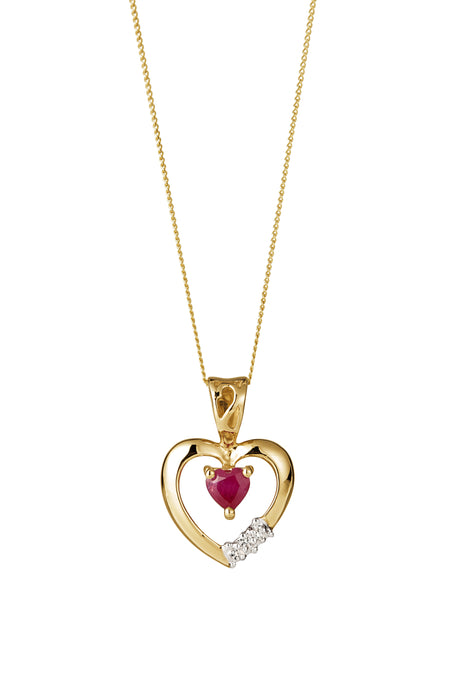 9ct Yellow Gold Ruby and Diamond Heart Pendant