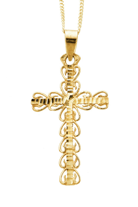 9ct Yellow Gold Fancy Cross Pendant Necklace 18 Inch Curb Chain