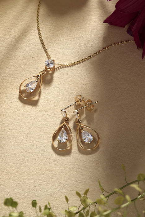 9ct Yellow Gold Cubic Zirconia Drop Earring & Pendant Set