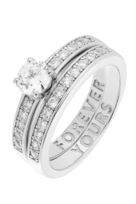 Sterling Silver Cubic Zirconia Solitaire & Eternity 'Forever Yours' Message Ring Set