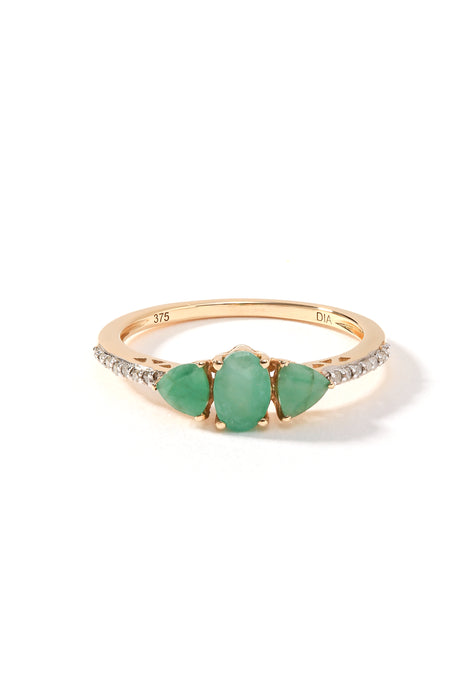 9ct Yellow Gold Emerald & Diamond Trilogy Ring