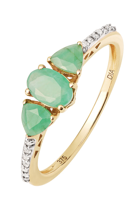 9ct Yellow Gold Emerald & Diamond Trilogy Ring