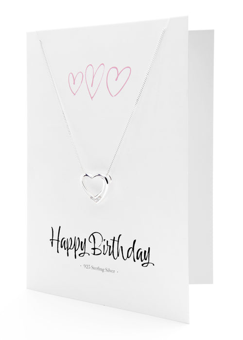 Sterling Silver Cubic Zirconia Heart Pendant Necklace "Happy Birthday" Greeting Card