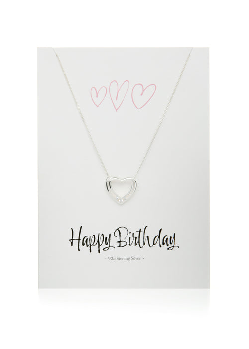 Sterling Silver Cubic Zirconia Heart Pendant Necklace "Happy Birthday" Greeting Card