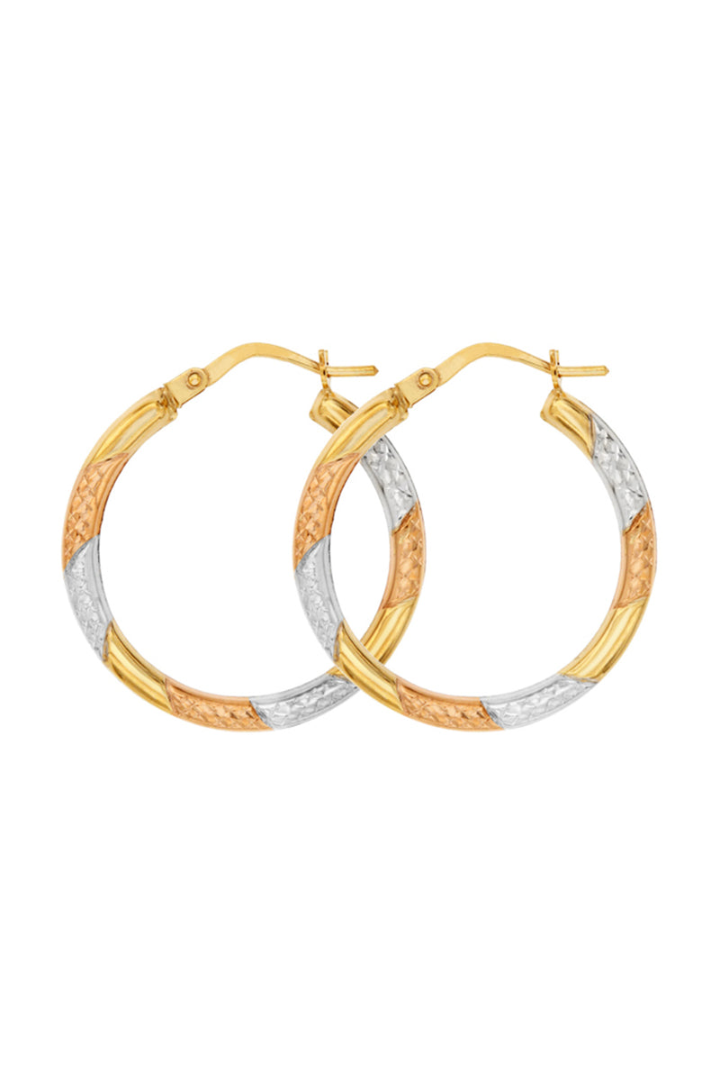 Italian 9ct Tri-Colour Diamond Cut Hoop Creole Earrings - 24mm