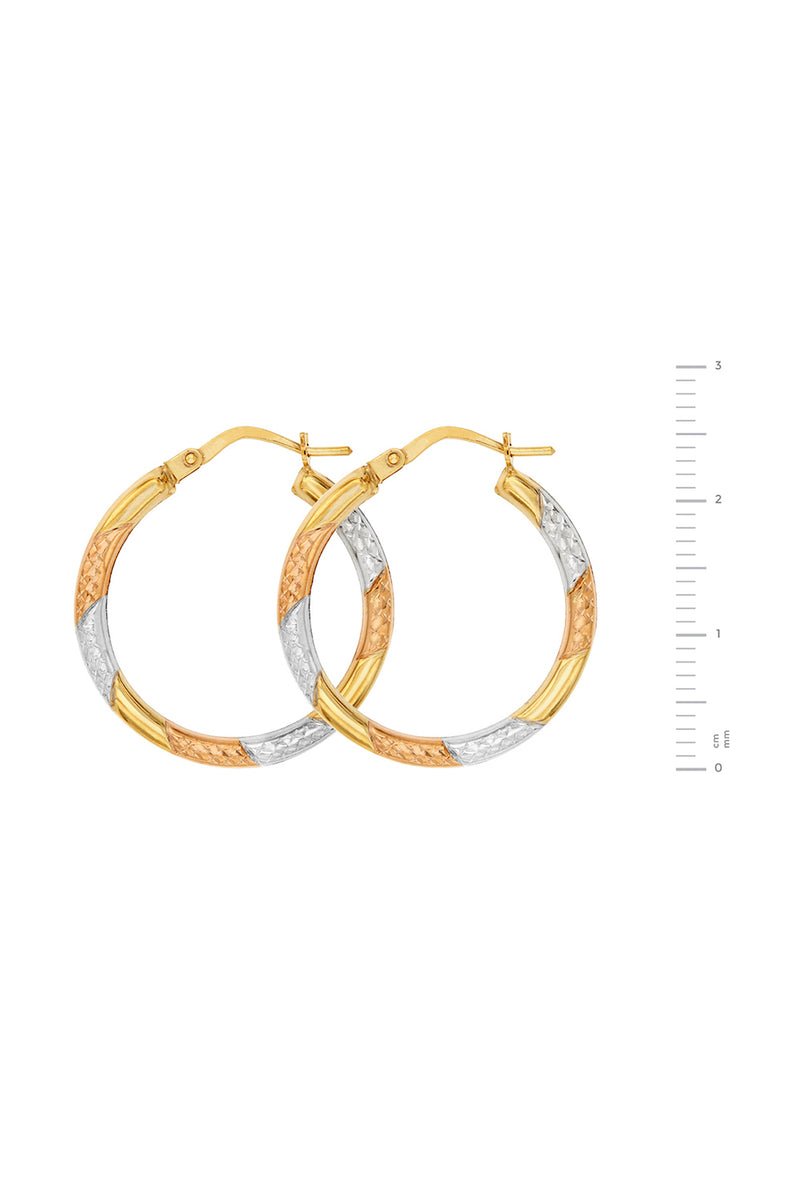 Italian 9ct Tri-Colour Diamond Cut Hoop Creole Earrings - 24mm