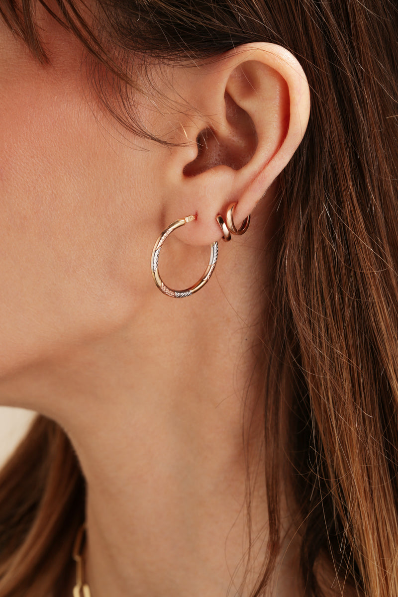 Italian 9ct Tri-Colour Diamond Cut Hoop Creole Earrings - 24mm