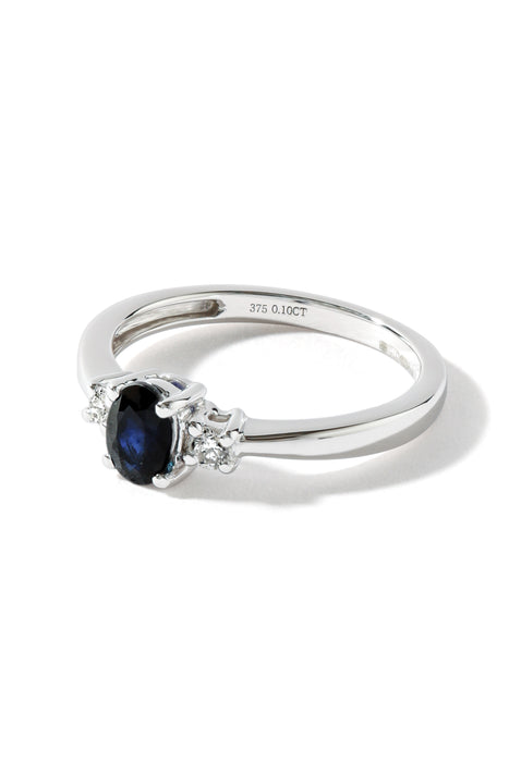 9ct White Gold Sapphire and 0.10ct Diamond Three Stone Ring