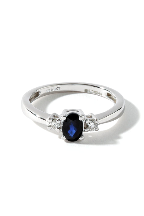 9ct White Gold Sapphire and 0.10ct Diamond Three Stone Ring