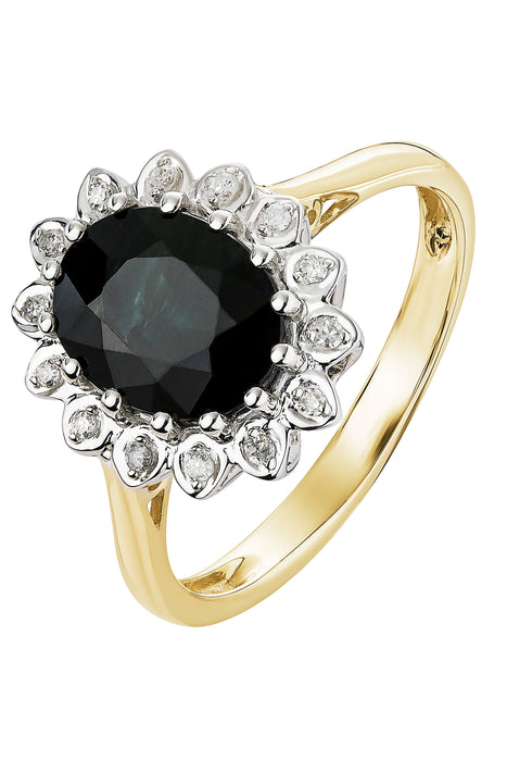 9ct Yellow Gold Black Sapphire and Diamond Cluster Ring