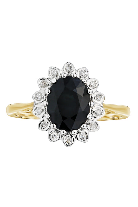 9ct Yellow Gold Black Sapphire and Diamond Cluster Ring