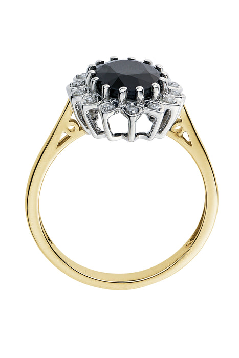 9ct Yellow Gold Black Sapphire and Diamond Cluster Ring