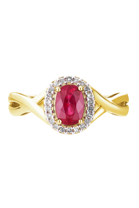 9ct Yellow Gold 7x5 Oval Ruby and 0.11ct tw Natural Diamond Ring