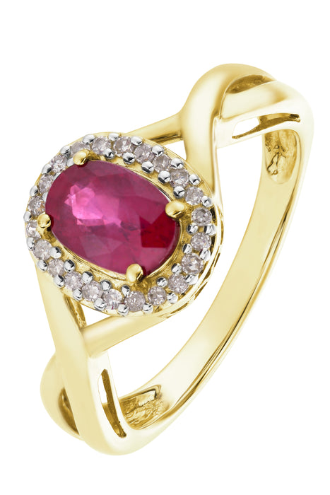 9ct Yellow Gold 7x5 Oval Ruby and 0.11ct tw Natural Diamond Ring