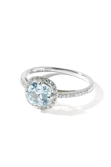 Sterling Silver 6x6 Sky Blue Topaz and 0.10ct Diamond Halo Ring