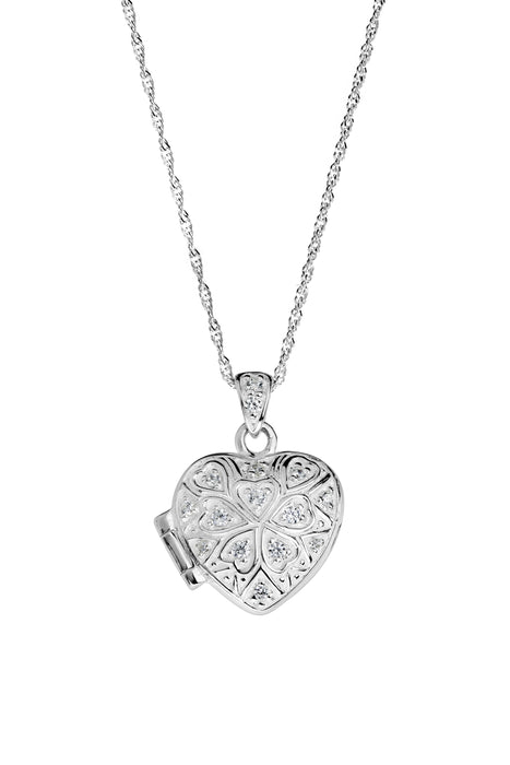 Sterling Silver Cubic Zirconia Clover Heart Locket Pendant Necklace