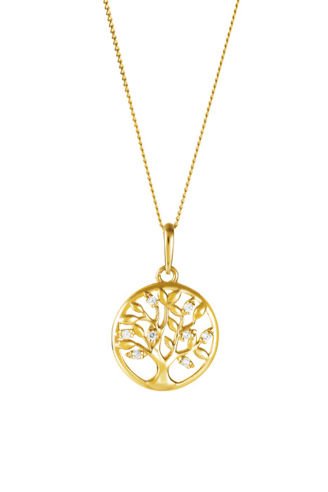 9ct Yellow Gold Cubic Zirconia Tree of Life Round Pendant Necklace