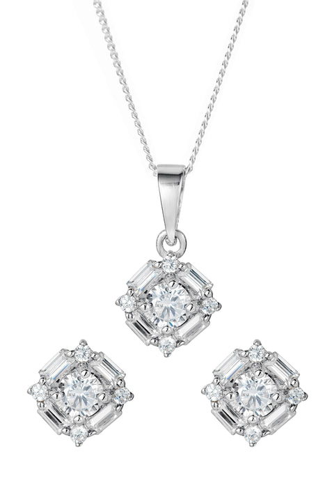 Sterling Silver Mixed Cut Cubic Zirconia Stud Earring & Pendant Set