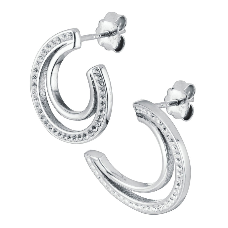 Sterling Silver Crystal Double Crescent Stud Earrings