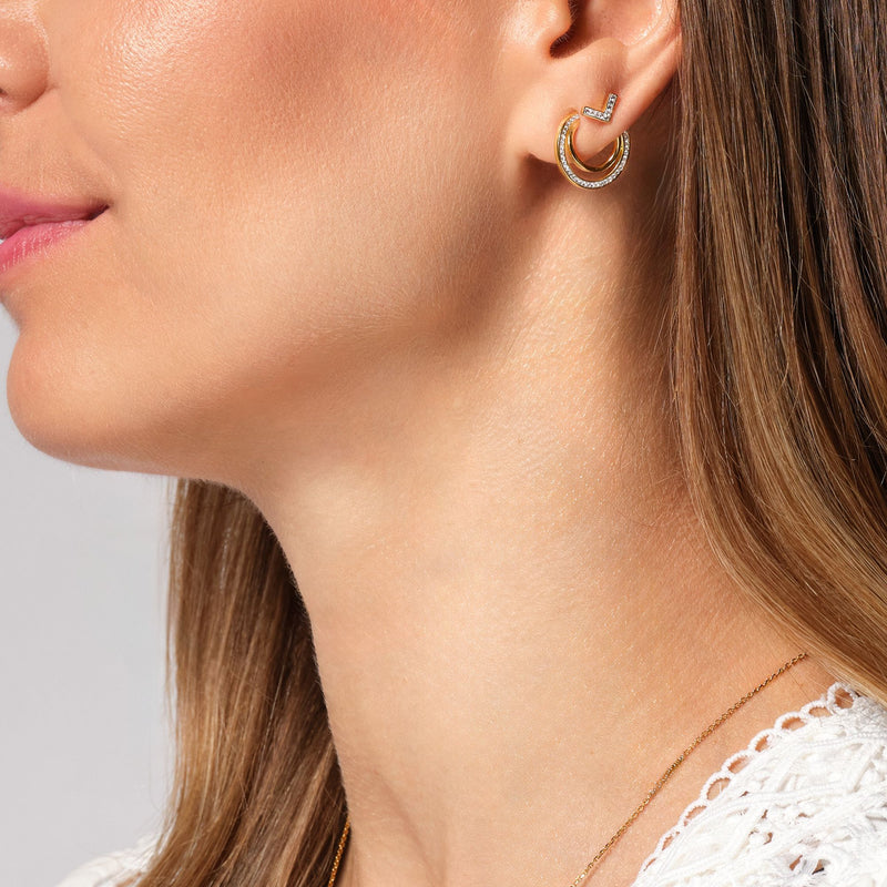 Sterling Silver Crystal Double Crescent Stud Earrings