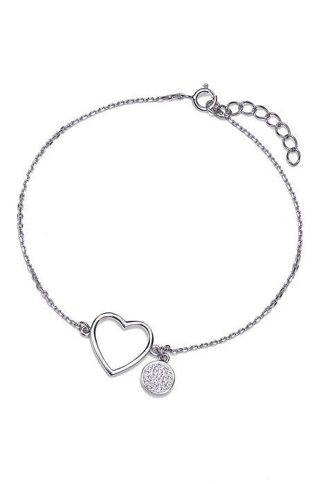 Sterling Silver Crystal Cut Out Heart and Disc Charm Bracelet