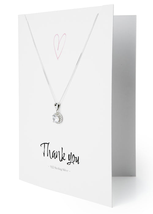 Sterling Silver  "Thank You" Greeting Card Cubic Zirconia Halo Pendant Necklace