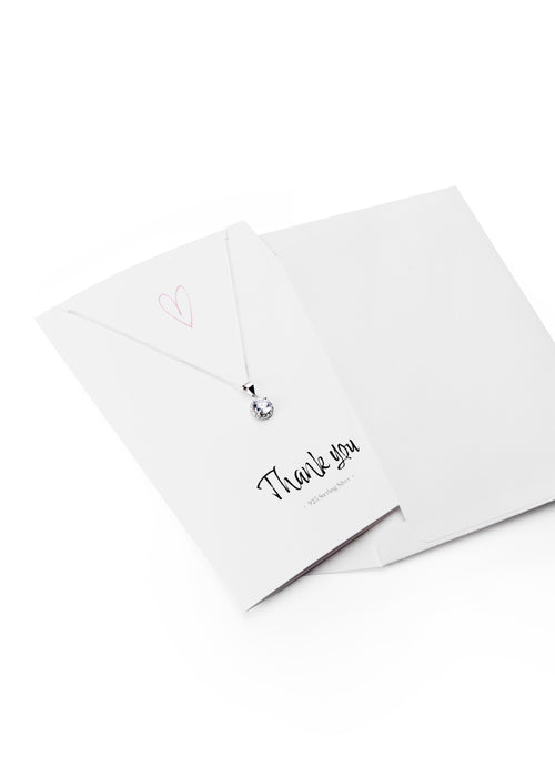 Sterling Silver  "Thank You" Greeting Card Cubic Zirconia Halo Pendant Necklace