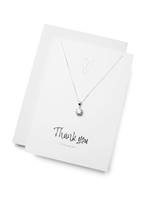 Sterling Silver  "Thank You" Greeting Card Cubic Zirconia Halo Pendant Necklace