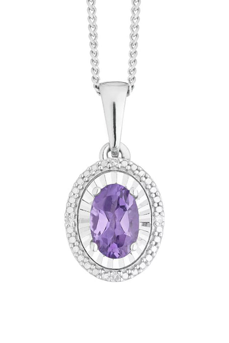 Sterling Silver Amethyst and Diamond Oval Pendant