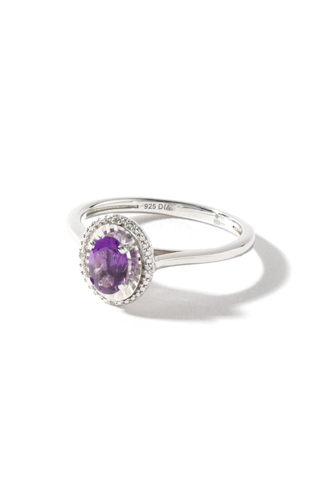 Sterling Silver Amethyst and Diamond Oval Ring