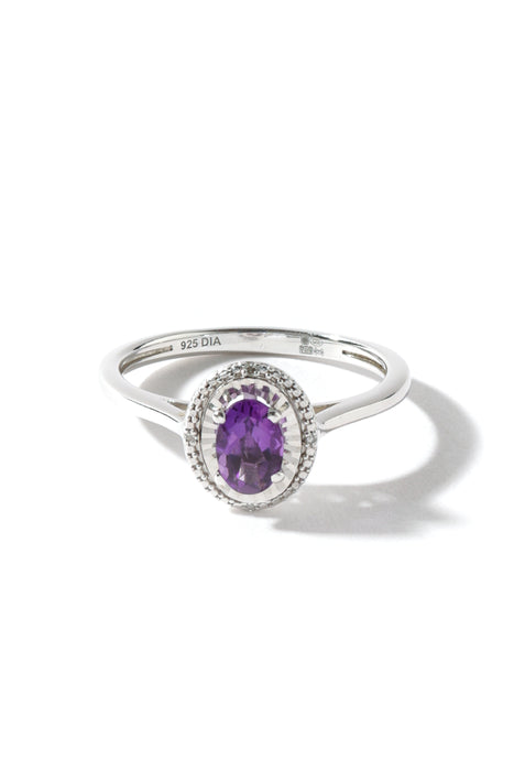 Sterling Silver Amethyst and Diamond Oval Ring