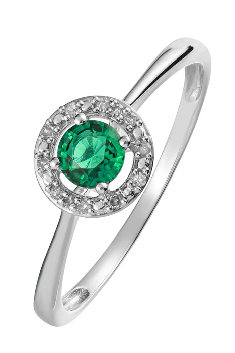 Sterling Silver Created Emerald and Diamond Halo Ring