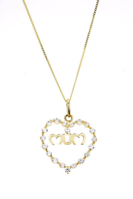 9ct Yellow Gold Cubic Zirconia "Mum" Heart Pendant 18 Inch Curb Chain