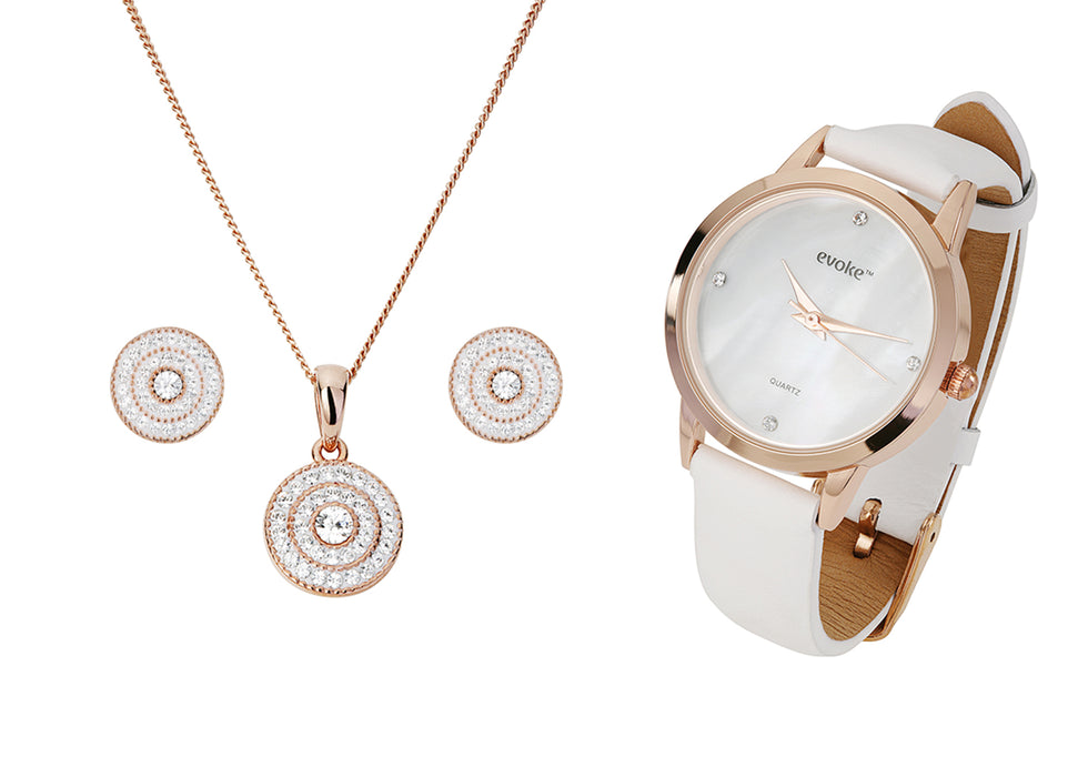 Sterling Silver Rose Gold Plated Crystal Cluster Pendant, Earring and Watch Set