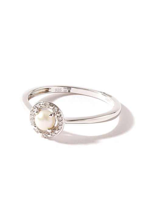 Sterling Silver Button Pearl and Diamond Halo Ring