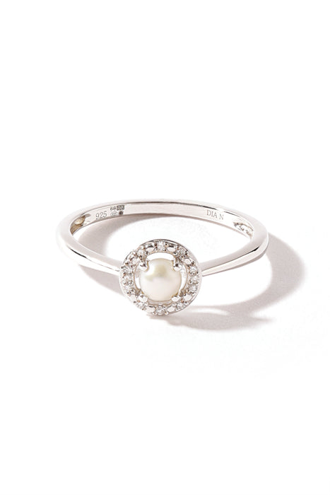 Sterling Silver Button Pearl and Diamond Halo Ring