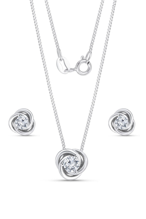 Sterling Silver Cubic Zirconia 10mm Knot Pendant & 8mm Earring Set