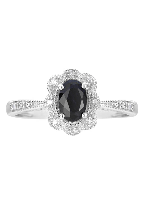 9ct White Gold 6x4 Black Sapphire and Diamond Ring