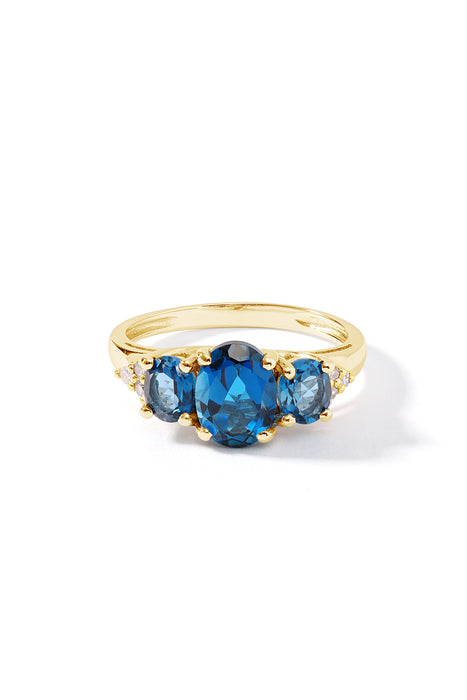 9ct Yellow Gold London Blue Topaz and Diamond Trilogy Ring