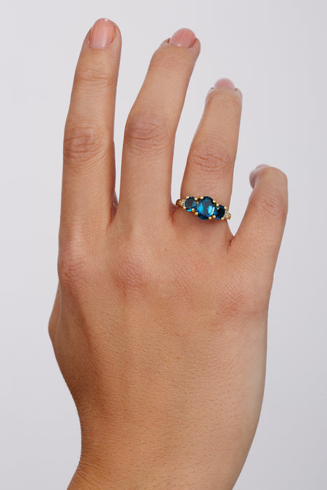 9ct Yellow Gold London Blue Topaz and Diamond Trilogy Ring