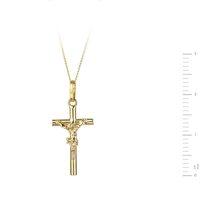 9ct Yellow Gold Crucifix Pendant Necklace 18 Inch Curb Chain