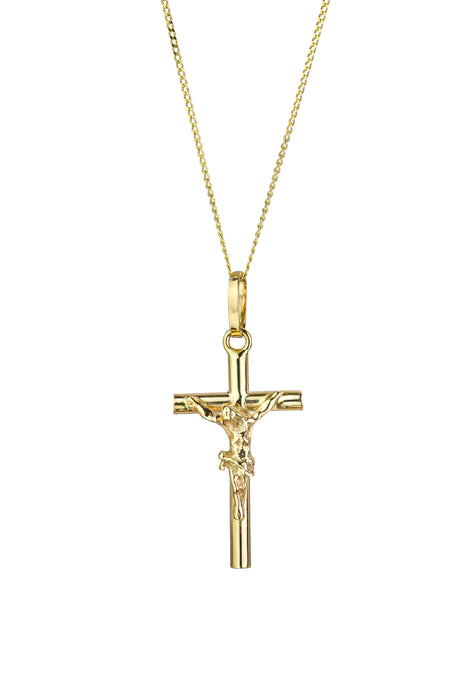 9ct Yellow Gold Crucifix Pendant Necklace 18 Inch Curb Chain