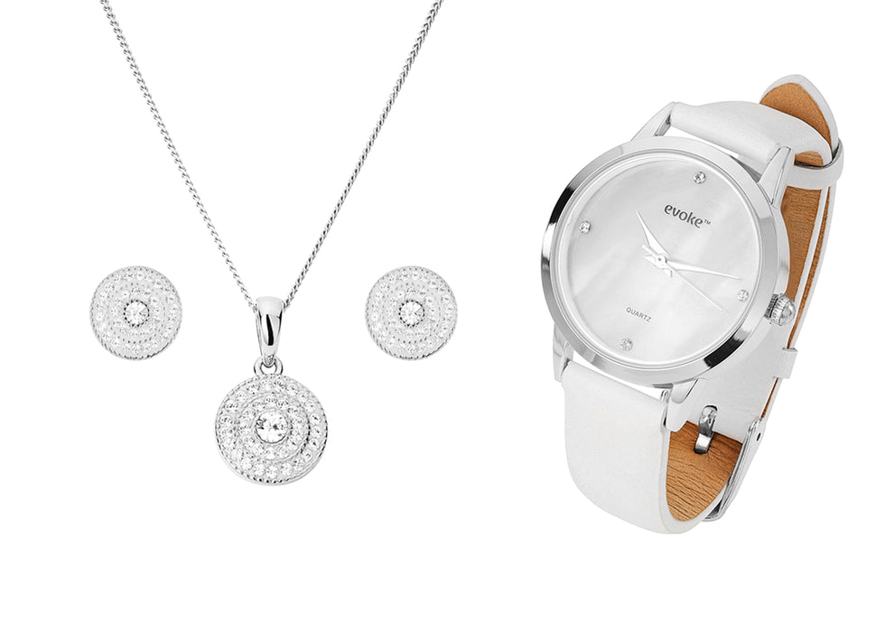 Sterling Silver Crystal Cluster Pendant, Earring and Watch Set