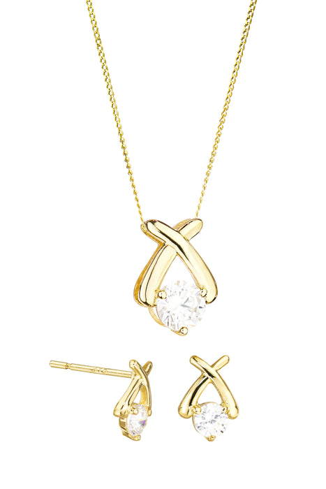 9ct Yellow Gold Cubic Zirconia Kiss Stud Earrings and Pendant Set