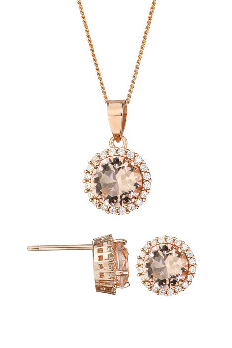 Rose Gold Plated Sterling Silver Glass Morganite Stud Earring & Pendant Set