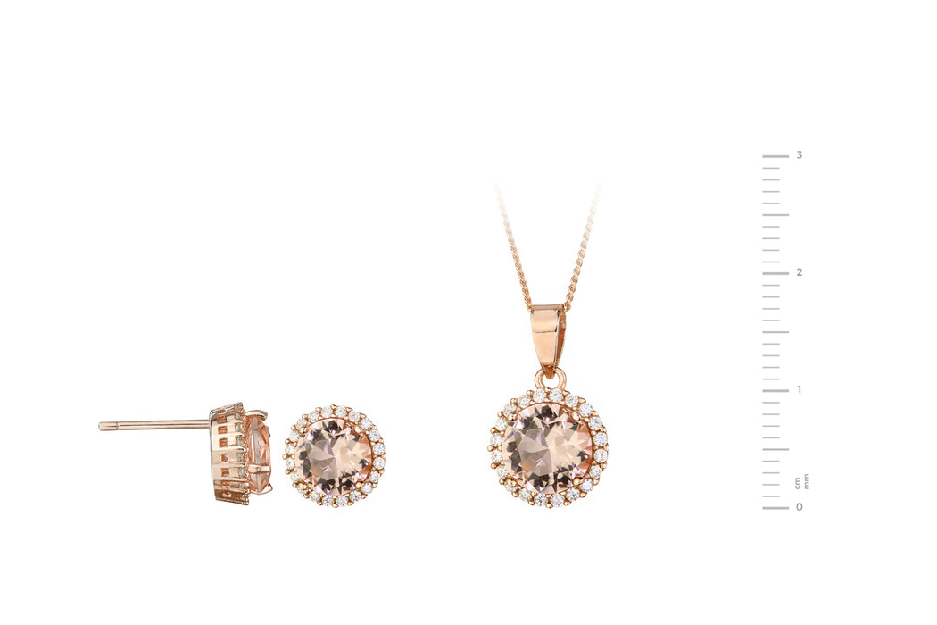 Rose Gold Plated Sterling Silver Glass Morganite Stud Earring & Pendant Set