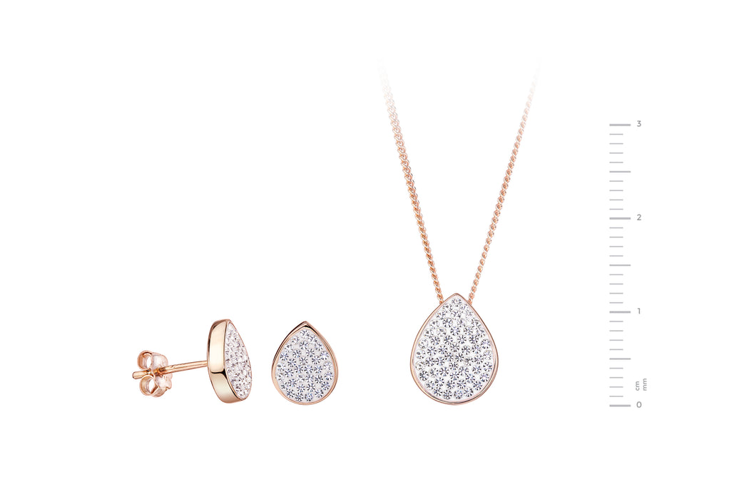 Sterling Silver Rose Gold Plated Crystal Tear Drop Stud Earring & Pendant Necklace